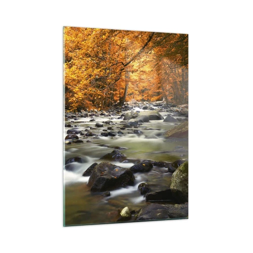 Impression sur verre - Image sur verre - Forêt d'automne avec un ruisseau et des pierres - 50x70cm - Un ruisseau dans une forêt dorée - Décoration murale moderne pour le salon et la chambre ARTTOR