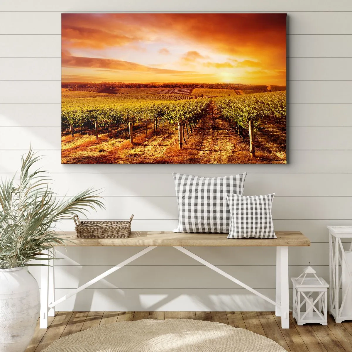 Impression sur toile - Image sur toile - Vignoble au coucher du soleil avec des tons de ciel chauds - 120x80cm - Légèrement fruité avec une pointe de soleil - Décoration murale moderne pour le salon et la chambre ARTTOR