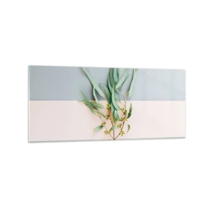 Impression sur verre - Image sur verre - Une branche avec des feuilles sur un fond de tons pastel - 120x50cm - Subtilité pastel - Décoration murale moderne pour le salon et la chambre ARTTOR