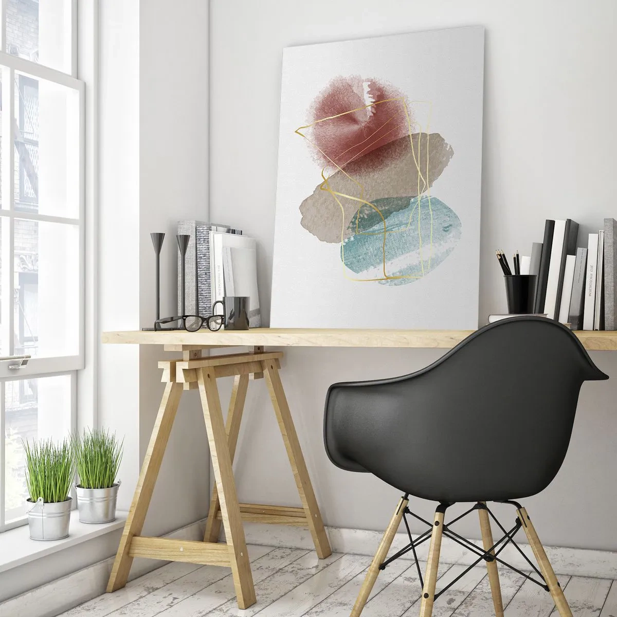 Impression sur verre - Image sur verre - Éclaboussures d'aquarelle abstraites et lignes dorées - 50x70cm - Coraux de l'espace - Décoration murale moderne pour le salon et la chambre ARTTOR