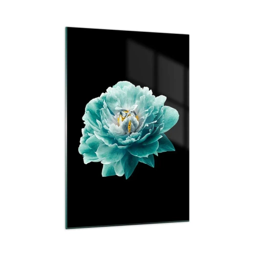 Impression sur verre - Image sur verre - Fleur de pivoine turquoise sur fond noir - 70x100cm - Pétales bleus et dorés - Décoration murale moderne pour le salon et la chambre ARTTOR
