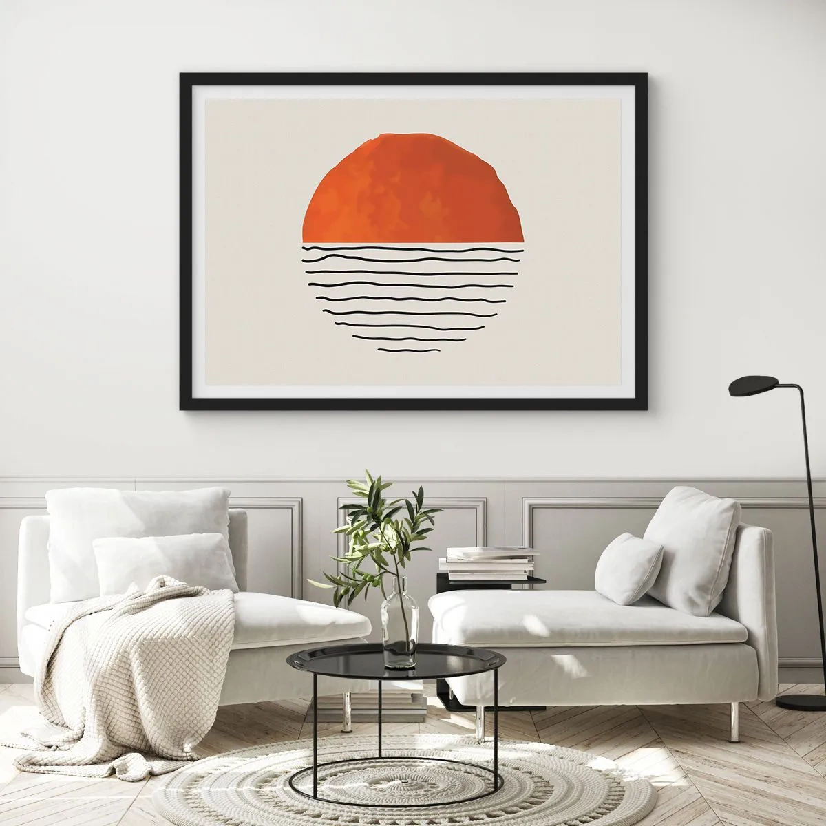 Affiche dans un cadre noir - Poster - Un coucher de soleil minimaliste sur des lignes ondulées - 100x70cm - Dans un climat japonnais - Décoration murale moderne pour le salon et la chambre ARTTOR