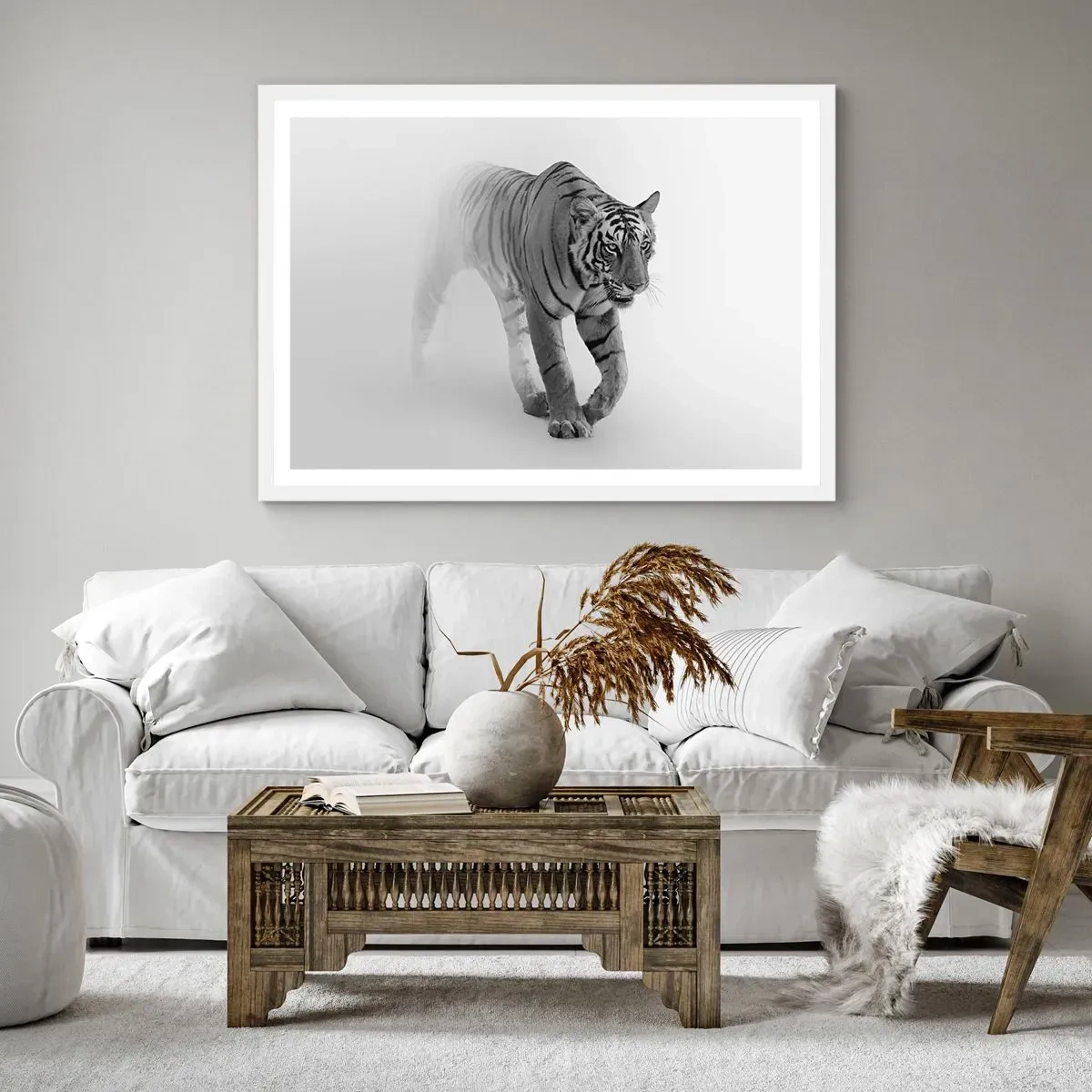 Affiche dans un cadre blanc - Poster - Accroupi dans le brouillard - 100x70 cm