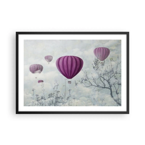 Affiche dans un cadre noir - Poster - Des ballons violets flottant au-dessus des arbres dans les nuages - 70x50cm - Comme des navires dans le ciel - Décoration murale moderne pour le salon et la chambre ARTTOR