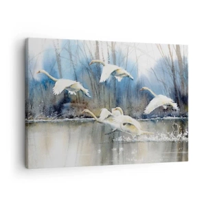 Impression sur toile - Image sur toile - Cygnes en vol au-dessus d'un lac gelé dans un paysage hivernal - 70x50cm - Comme dans un conte de fées sur les cygnes sauvages - Décoration murale moderne pour le salon et la chambre ARTTOR