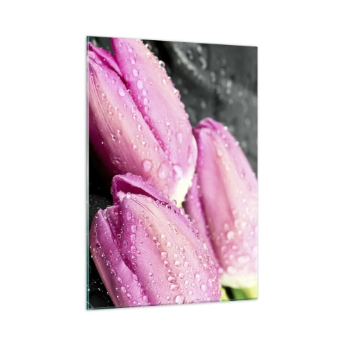 Impression sur verre - Image sur verre - Trois tulipes roses recouvertes de gouttes d'eau sur fond noir. - 50x70cm - Lilas trois sur une pierre noire - Décoration murale moderne pour le salon et la chambre ARTTOR