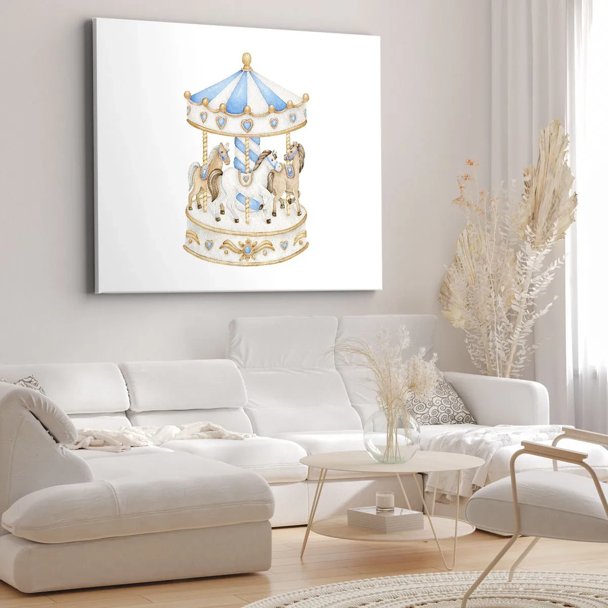 Impression sur toile - Image sur toile - Un carrousel aux couleurs pastel sur fond blanc - 120x80cm - Douce enfance - Décoration murale moderne pour le salon et la chambre ARTTOR