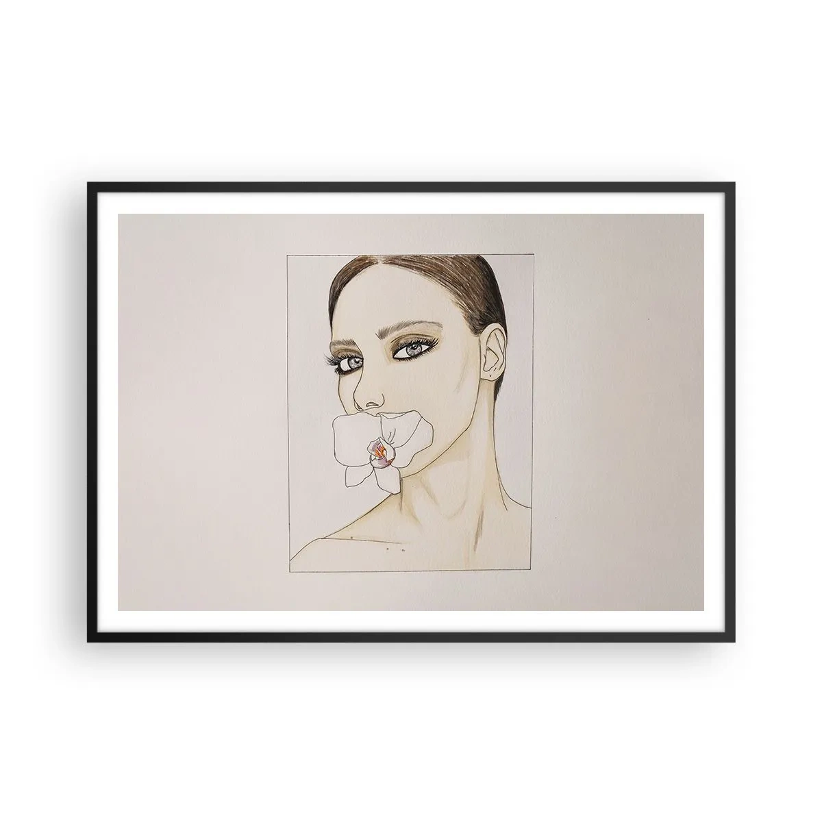 Affiche dans un cadre noir - Poster - Portrait d'une femme avec une orchidée aux couleurs délicates - 100x70cm - Symbole de l'élégance et de la beauté - Décoration murale moderne pour le salon et la chambre ARTTOR