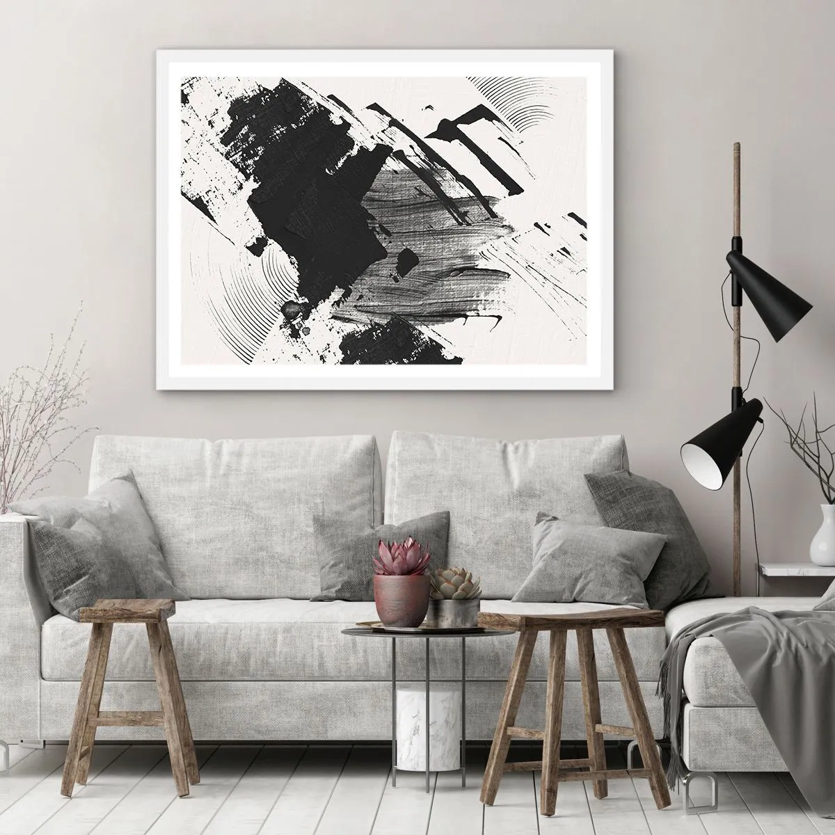 Affiche dans un cadre blanc - Poster - Abstraction – expression du noir - 70x50 cm