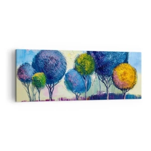 Impression sur toile - Image sur toile - Arbres colorés en forme de boule sur fond de paysage - 140x50cm - Sphère - la forme idéale - Décoration murale moderne pour le salon et la chambre ARTTOR