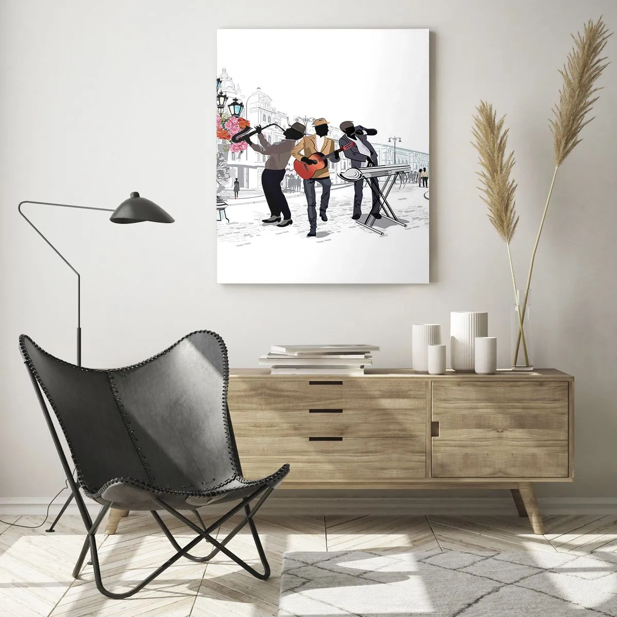 Impression sur verre - Image sur verre - Des musiciens de rue jouent dans un paysage urbain - 70x100cm - Musique de rue - Décoration murale moderne pour le salon et la chambre ARTTOR