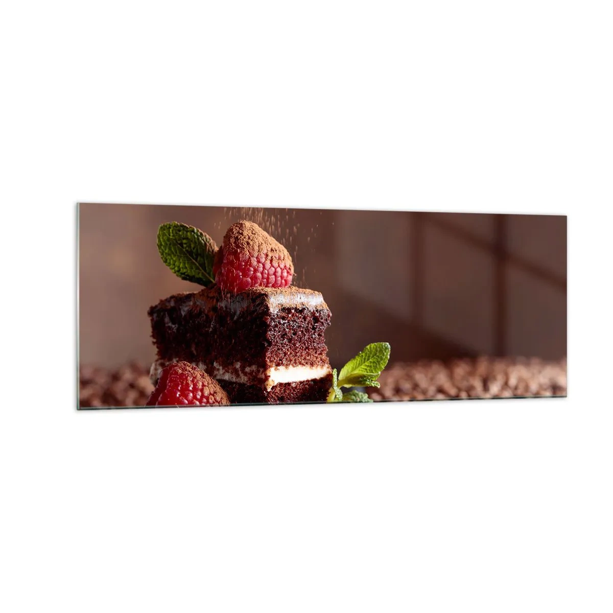 Impression sur verre - Image sur verre - Gâteau au chocolat aux framboises et à la menthe sur fond de fèves de cacao - 140x50cm - La vie est douce - Décoration murale moderne pour le salon et la chambre ARTTOR