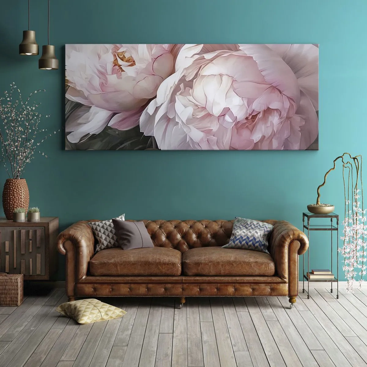 Impression sur toile - Image sur toile - Pivoines roses délicates en pleine floraison - 120x50cm - Arrêté en pleine floraison - Décoration murale moderne pour le salon et la chambre ARTTOR
