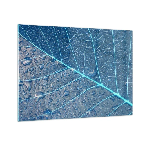 Impression sur verre - Image sur verre - Macrophotographie d'une feuille avec des gouttes d'eau dans des tons de bleu - 70x50cm - La vie en bleu - Décoration murale moderne pour le salon et la chambre ARTTOR