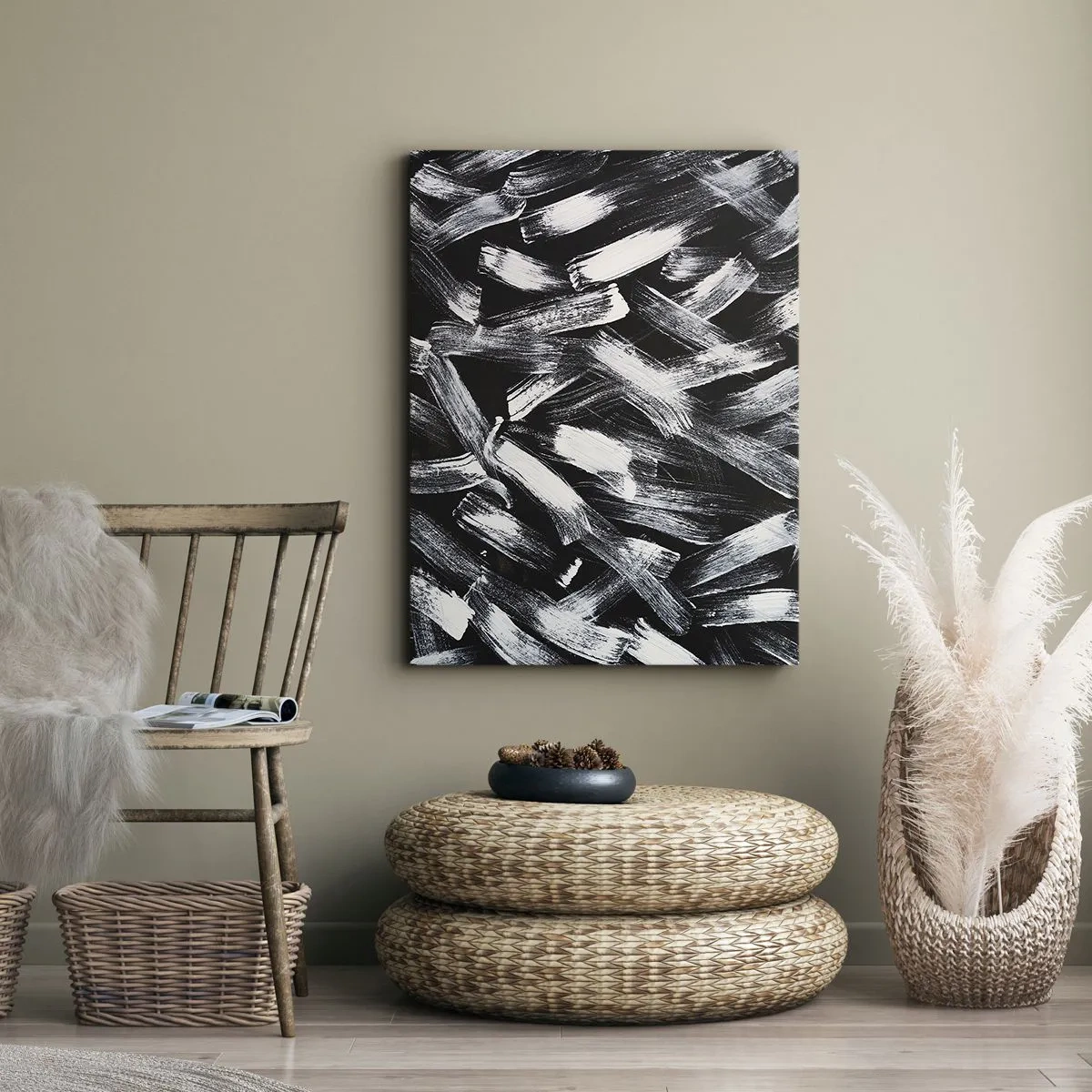 Impression sur toile - Image sur toile - Abstraction dynamique avec des coups de pinceau blancs sur fond noir. - 50x70cm - L'abstraction dans l'esprit industriel - Décoration murale moderne pour le salon et la chambre ARTTOR