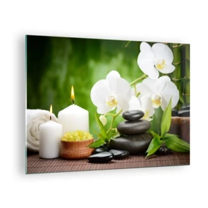 Impression sur verre - Image sur verre - Spa avec orchidées, pierres et bougies sur fond de verdure - 70x50cm - Doux, floral, toucher délicat - Décoration murale moderne pour le salon et la chambre ARTTOR