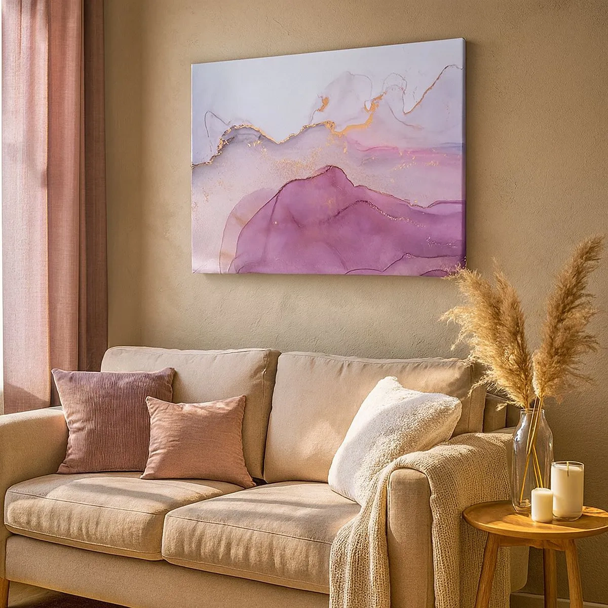 Impression sur toile - Image sur toile - Une composition abstraite dans des tons de violet et d'or. - 70x50cm - Vagues lilas et violettes - Décoration murale moderne pour le salon et la chambre ARTTOR