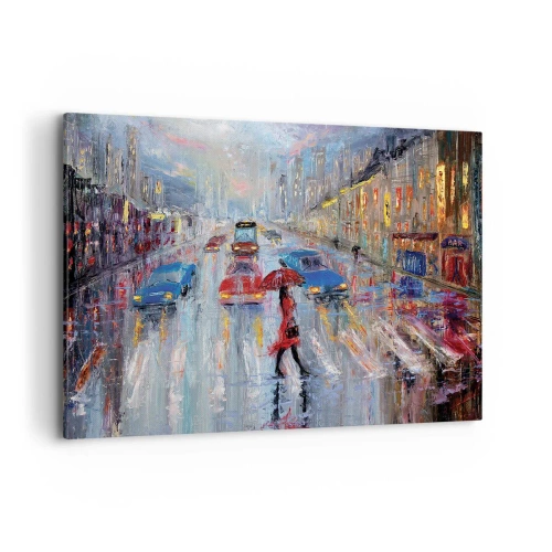 Impression sur toile - Image sur toile - Une femme avec un parapluie dans une rue pluvieuse à la lumière du néon. - 120x80cm - Après-midi pluvieux en ville - Décoration murale moderne pour le salon et la chambre ARTTOR