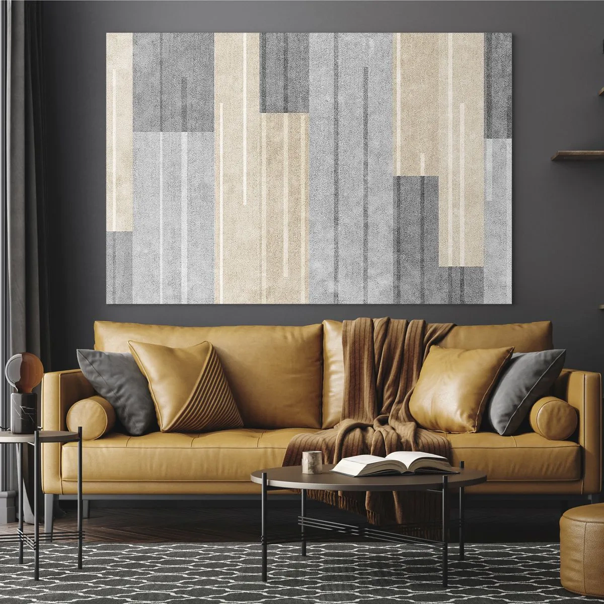 Impression sur verre - Image sur verre - Rayures géométriques dans les tons gris et beige - 100x70cm - Composition : se tenir droit - Décoration murale moderne pour le salon et la chambre ARTTOR