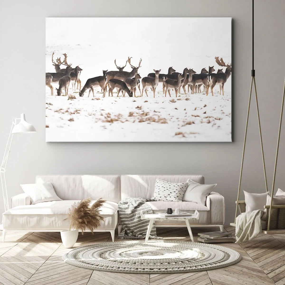 Impression sur toile - Image sur toile - Un troupeau de cerfs sur fond de neige - 120x80cm - Les fêtes approchent ? - Décoration murale moderne pour le salon et la chambre ARTTOR