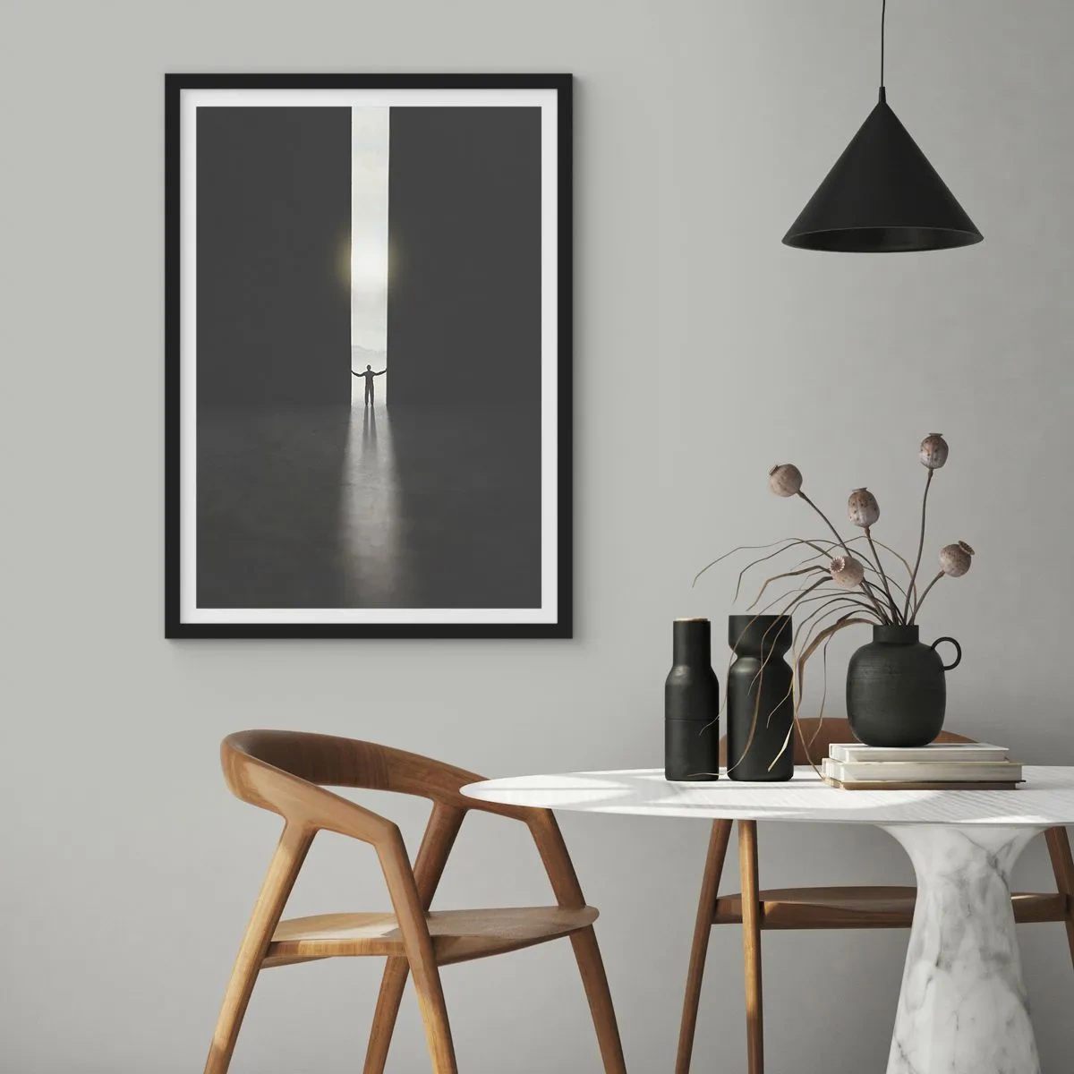 Affiche dans un cadre noir - Poster - Un homme debout dans la lumière d'une fissure dans un environnement sombre - 50x70cm - Étape vers un avenir radieux - Décoration murale moderne pour le salon et la chambre ARTTOR