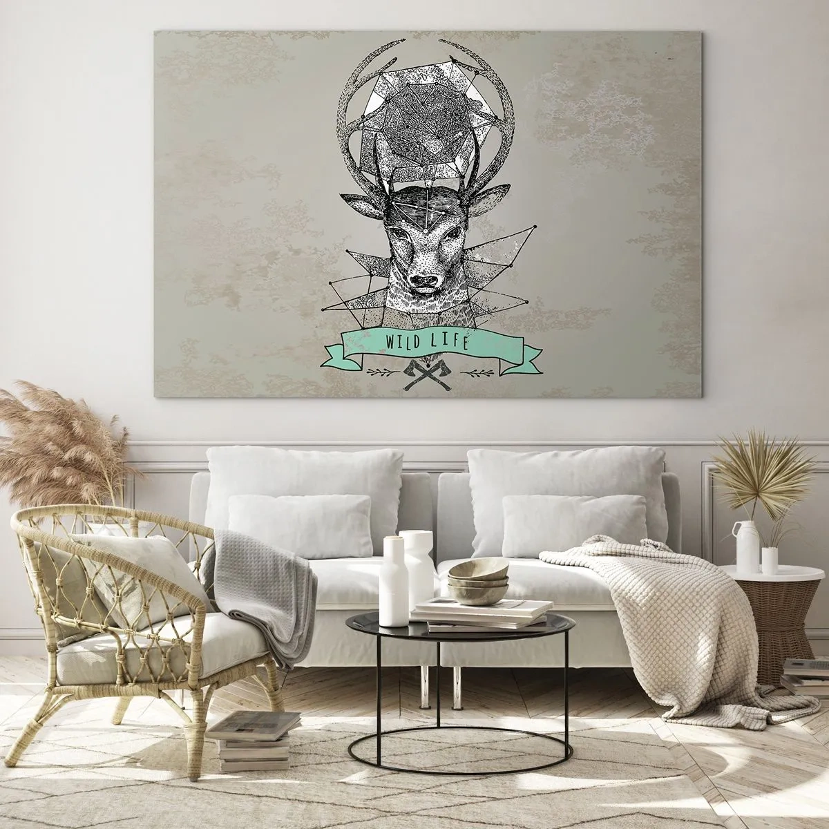 Impression sur verre - Image sur verre - Dessin géométrique d'un cerf avec l'inscription Wild Life - 70x50cm - Voir St. Hubertus - Décoration murale moderne pour le salon et la chambre ARTTOR