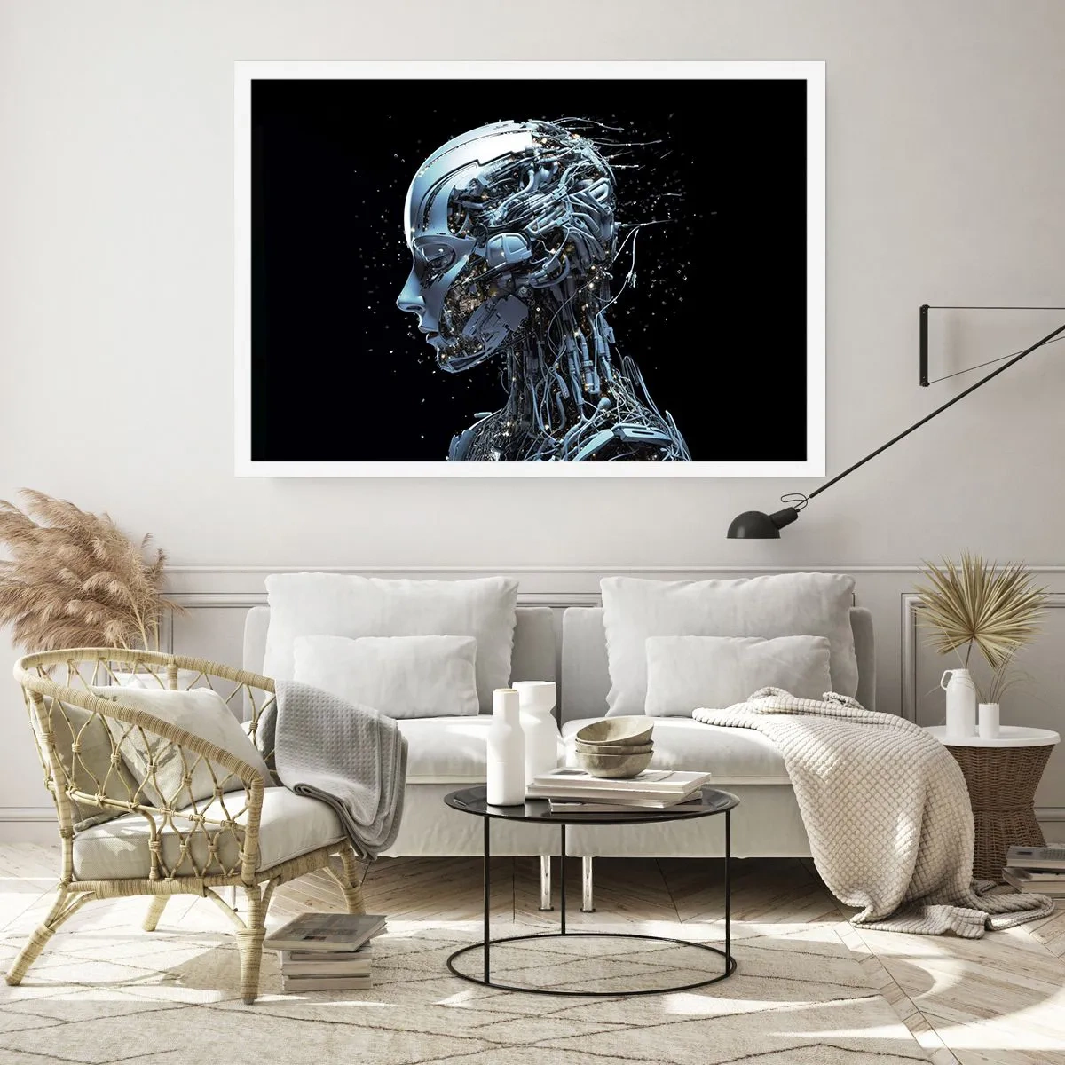 Affiche - Poster - Portrait futuriste d'un cyborg dans un style industriel sur fond noir. - 100x70cm - La technologie est une femme - Décoration murale moderne pour le salon et la chambre ARTTOR