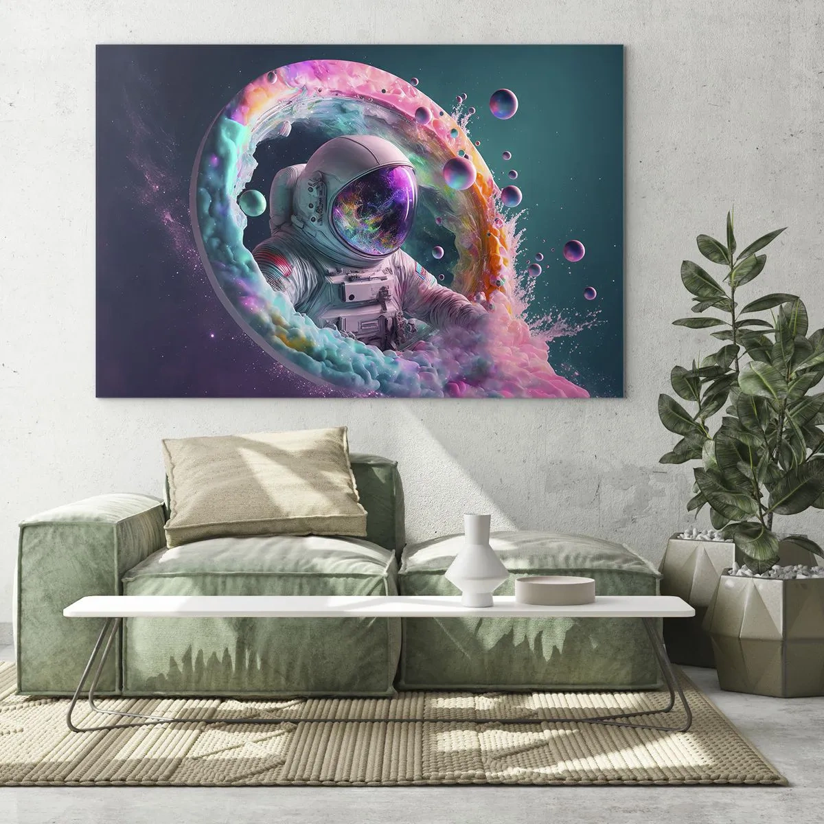 Impression sur verre - Image sur verre - Astronaute dans l'espace coloré - 70x50cm - porte des étoiles - Décoration murale moderne pour le salon et la chambre ARTTOR
