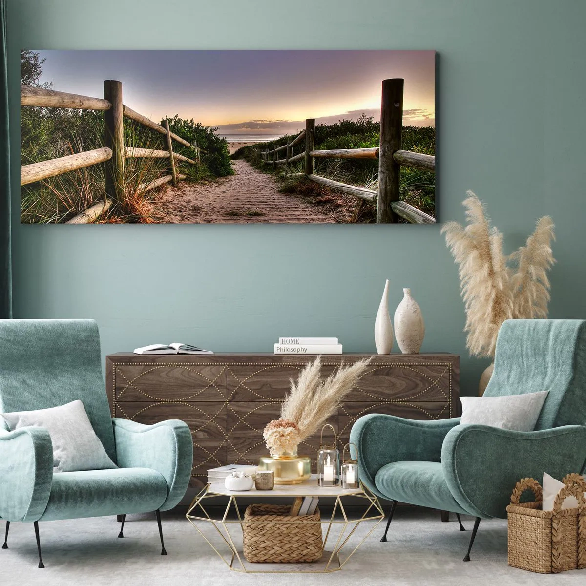 Impression sur toile - Image sur toile - Chemin en bois dans les dunes menant à la plage au coucher du soleil - 160x50cm - On voit déjà le but - Décoration murale moderne pour le salon et la chambre ARTTOR
