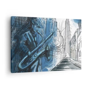 Impression sur toile - Image sur toile - Une silhouette jouant du saxophone sur fond de ville - 70x50cm - Rhapsodie urbaine - Décoration murale moderne pour le salon et la chambre ARTTOR