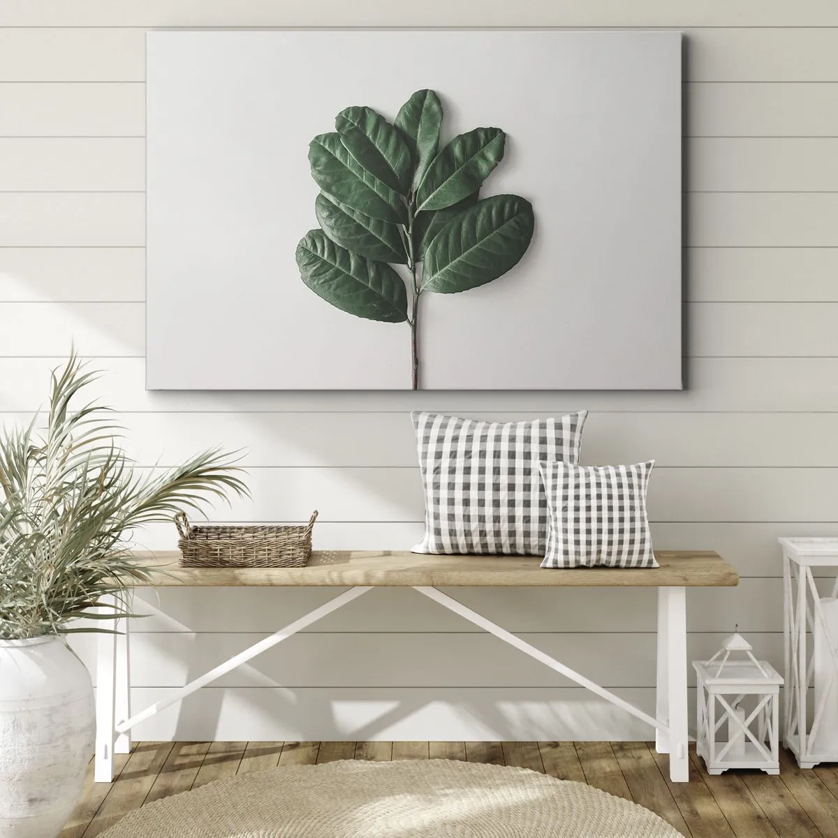 Impression sur toile - Image sur toile - Un brin de feuilles vertes sur un fond clair - 70x50cm - Dessin de la nature elle-même - Décoration murale moderne pour le salon et la chambre ARTTOR