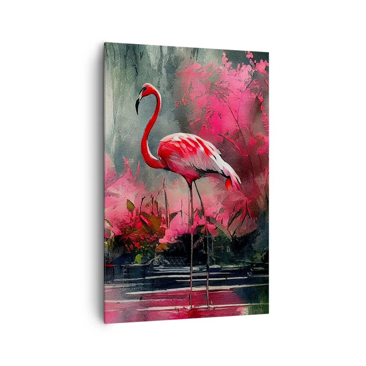 Impression sur toile - Image sur toile - Flamants roses au bord de l'eau entourés de végétation - 80x120cm - Une leçon de grâce naturelle - Décoration murale moderne pour le salon et la chambre ARTTOR