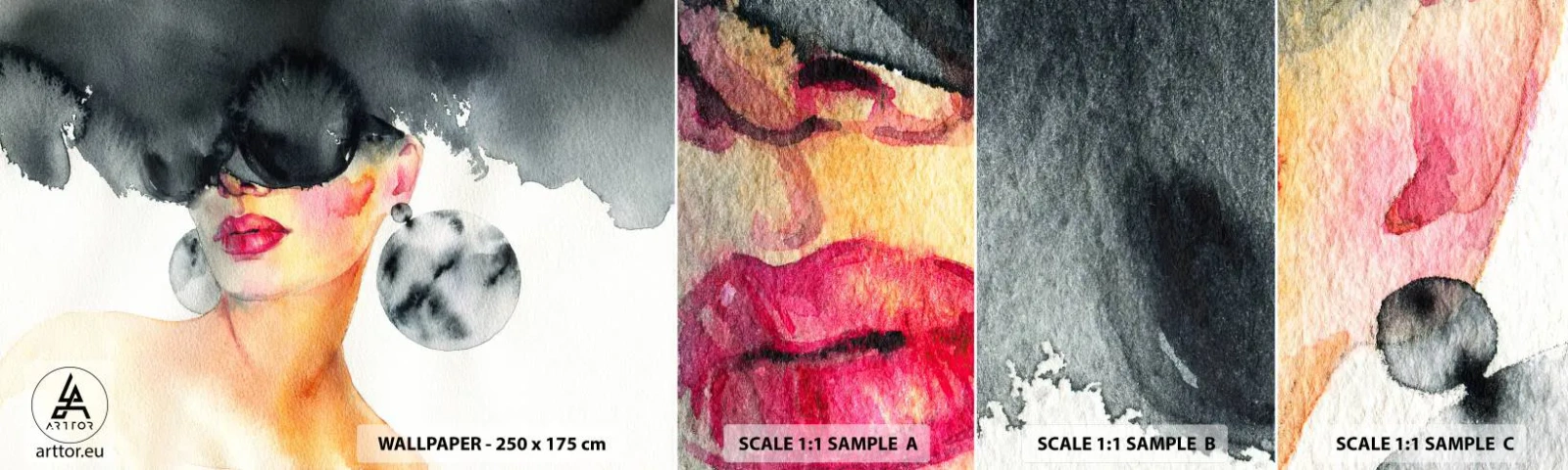 Échantillon de Papier Peint Autocollant Deluxe Sticker - Secret de l'élégance - Visage de femme, Femme, Chapeau - 100x30 cm