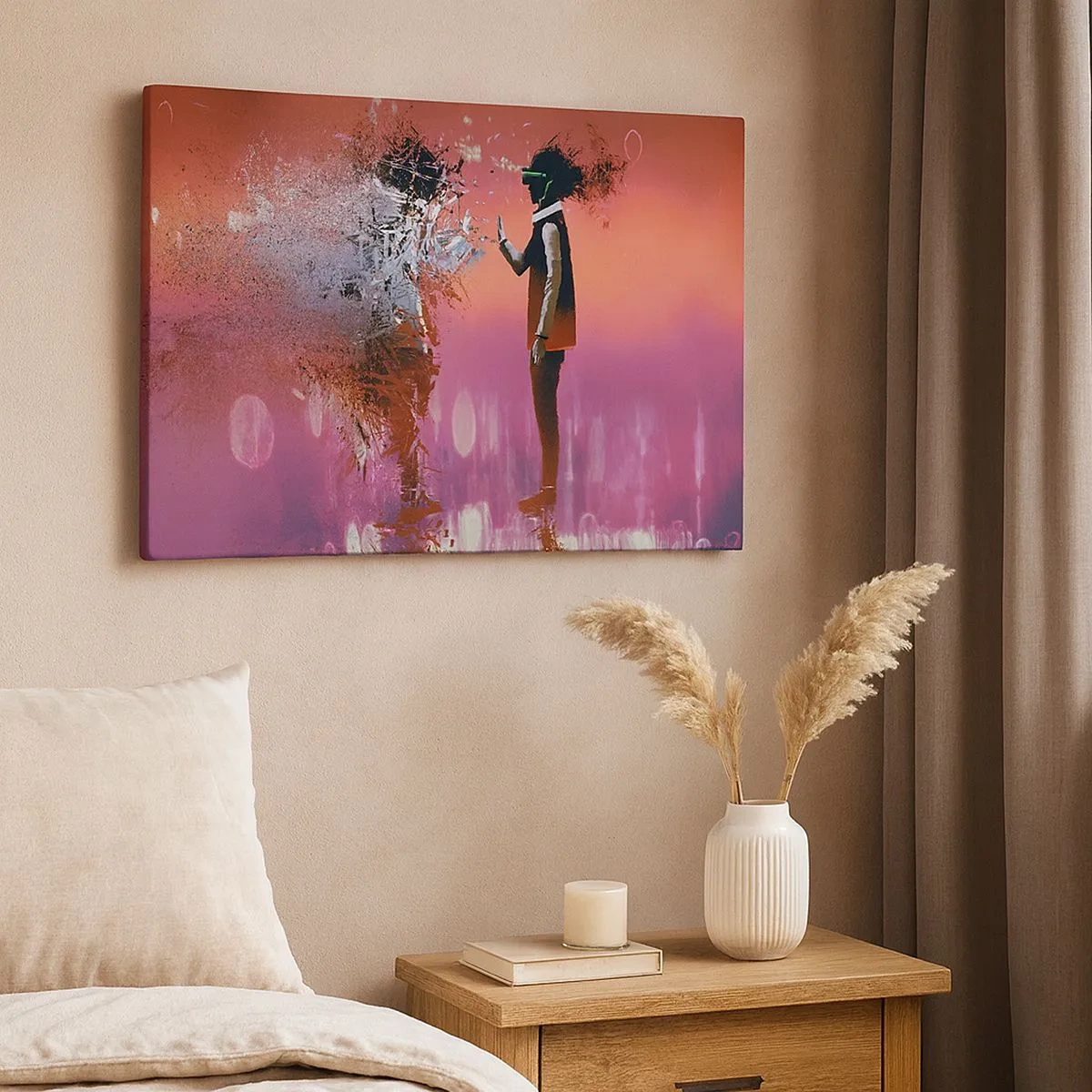 Impression sur toile - Image sur toile - Une scène abstraite avec une figure futuriste et des éléments dispersés. - 70x50cm - Pouvez-vous regarder à l'intérieur de vous-même ? - Décoration murale moderne pour le salon et la chambre ARTTOR