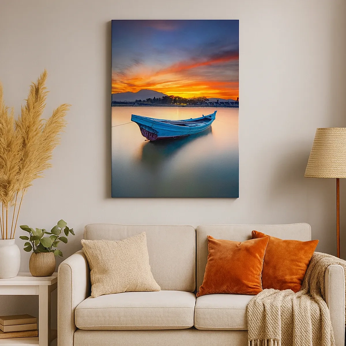 Impression sur toile - Image sur toile - Un bateau sur l'eau pendant un coucher de soleil pittoresque - 50x70cm - Une bonne nuit arrive - Décoration murale moderne pour le salon et la chambre ARTTOR