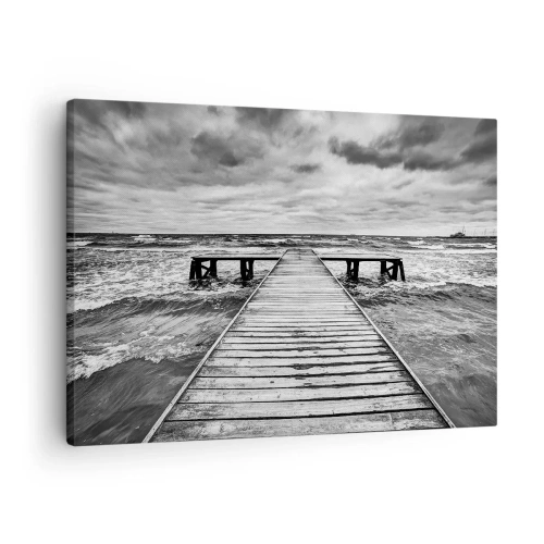 Impression sur toile - Image sur toile - Une vue en noir et blanc d'une jetée en bois sur une mer agitée. - 70x50cm - J'attends que le vent, ça le chassera... - Décoration murale moderne pour le salon et la chambre ARTTOR