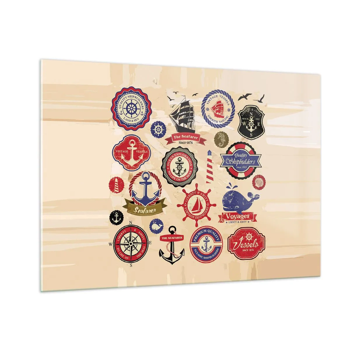 Impression sur verre - Image sur verre - Emblèmes et symboles nautiques sur fond beige - 100x70cm - La fraternité de la voile - Décoration murale moderne pour le salon et la chambre ARTTOR