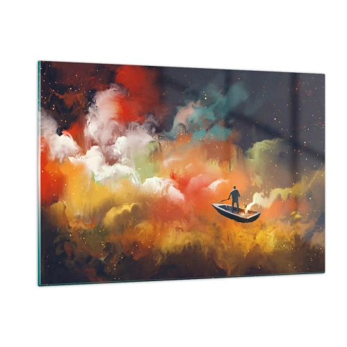 Impression sur verre - Image sur verre - Une silhouette sur un bateau flottant parmi des nuages galactiques colorés - 120x80cm - En bateau à travers la galaxie - Décoration murale moderne pour le salon et la chambre ARTTOR