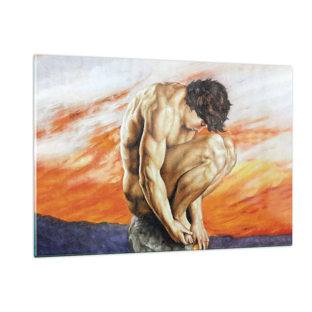 Impression sur verre - Image sur verre - Un corps humain nu contre un ciel orange intense. - 120x80cm - Plongé dans ses pensées - Décoration murale moderne pour le salon et la chambre ARTTOR