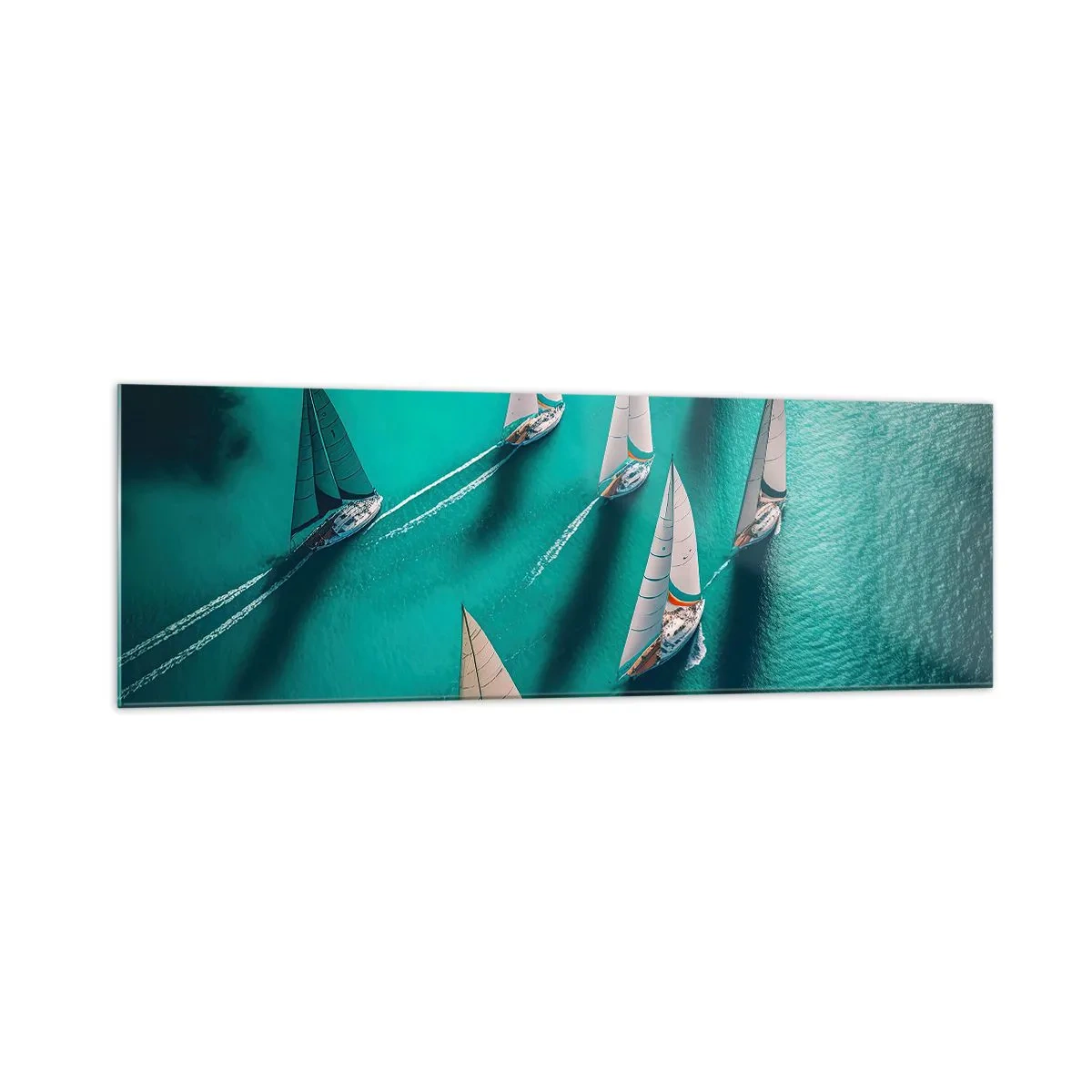 Impression sur verre - Image sur verre - Yachts sur l'eau turquoise en mouvement dynamique - 160x50cm - Dans une compétition avec le vent - Décoration murale moderne pour le salon et la chambre ARTTOR