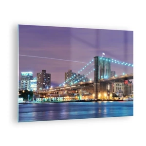 Impression sur verre - Image sur verre - Le pont de Brooklyn la nuit avec les tours et la ville illuminées - 70x50cm - Depuis de nombreuses années le pont de Brooklyn - Décoration murale moderne pour le salon et la chambre ARTTOR