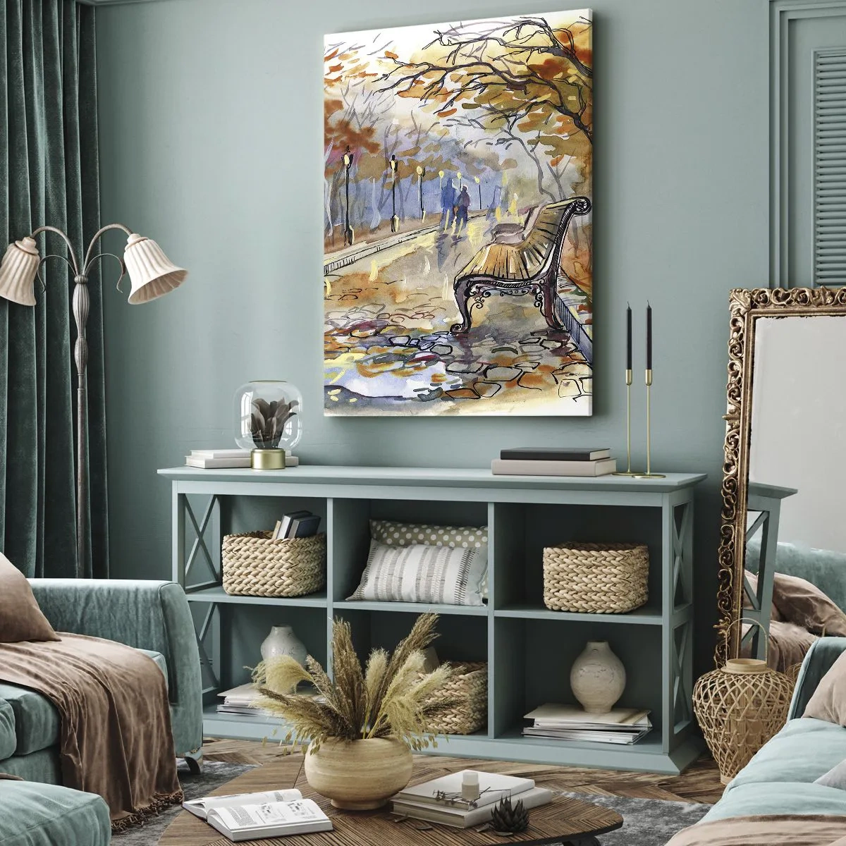 Impression sur toile - Image sur toile - Un parc d'automne avec un banc à l'aquarelle - 80x120cm - Errer ensemble à l'automne - Décoration murale moderne pour le salon et la chambre ARTTOR