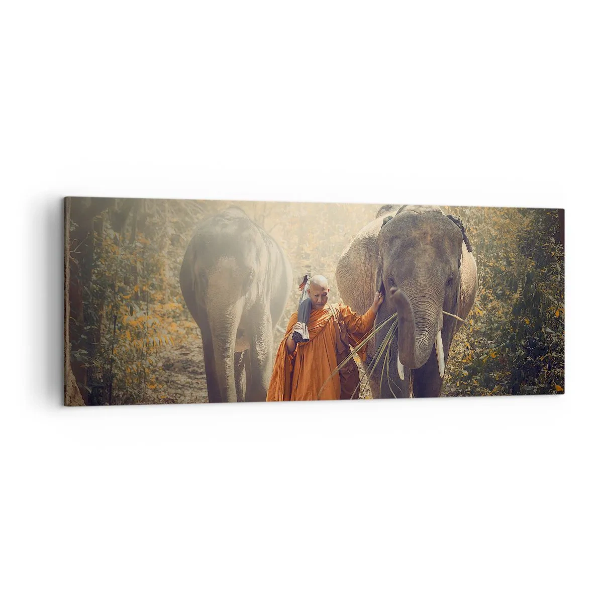 Impression sur toile - Image sur toile - Un moine en robe orange conduit un éléphant dans la forêt. - 140x50cm - Compréhension totale - Décoration murale moderne pour le salon et la chambre ARTTOR