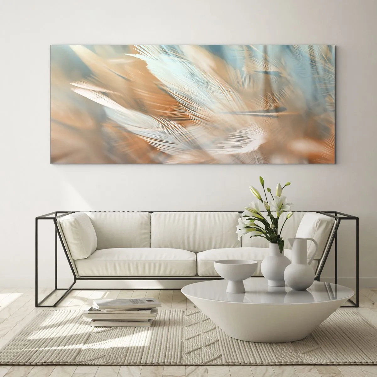 Impression sur verre - Image sur verre - Plumes délicates dans des tons pastel de bleu et d'orange - 140x50cm - Au pays de la douceur - Décoration murale moderne pour le salon et la chambre ARTTOR