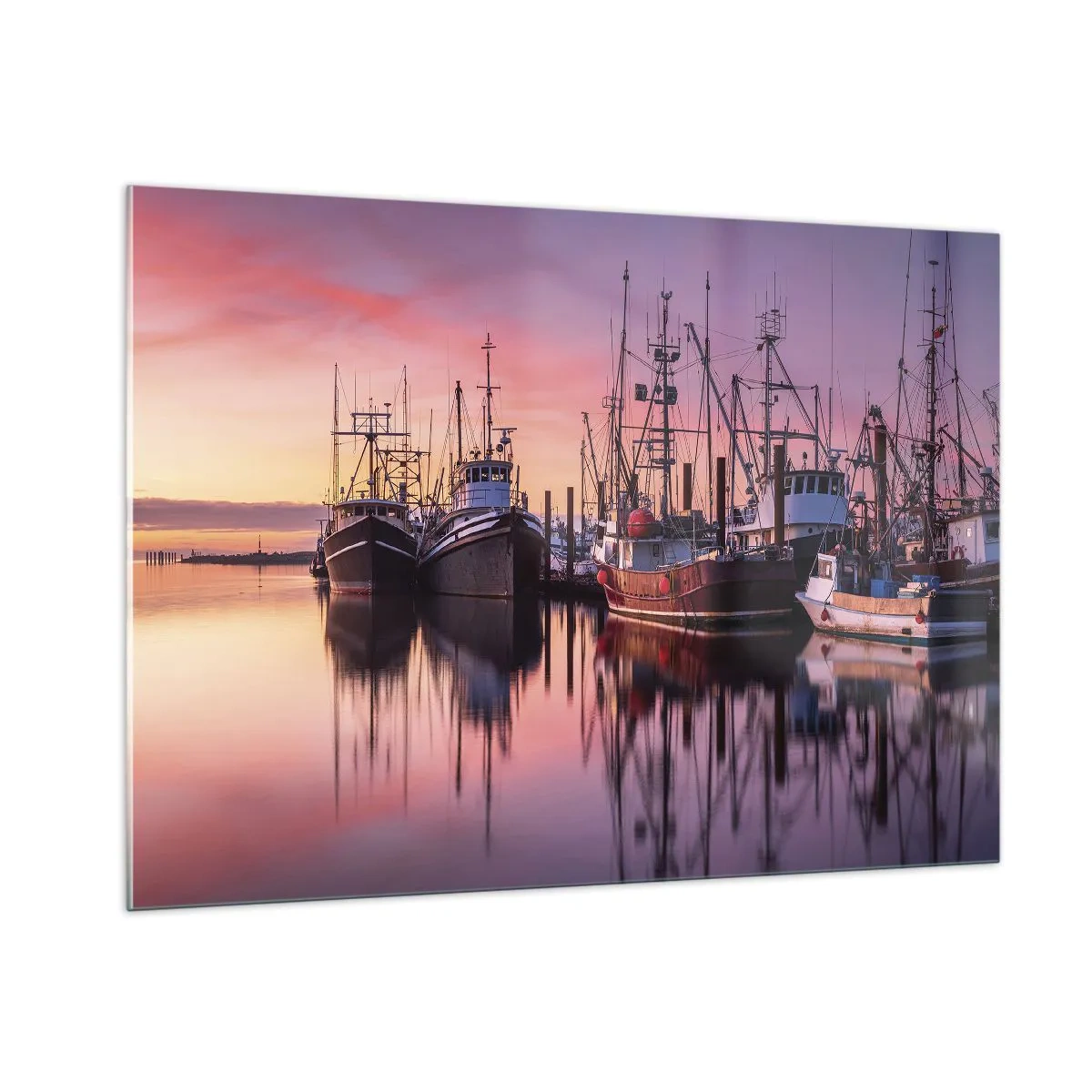 Impression sur verre - Image sur verre - Bateaux de pêche au coucher du soleil dans un port tranquille - 100x70cm - Avant le jour suivant - Décoration murale moderne pour le salon et la chambre ARTTOR