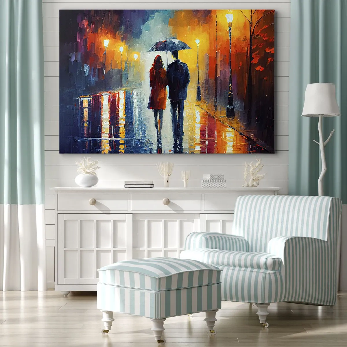 Impression sur toile - Image sur toile - Un couple sous un parapluie se promenant dans une ville nocturne colorée - 120x80cm - Ensemble – une nuit colorée - Décoration murale moderne pour le salon et la chambre ARTTOR