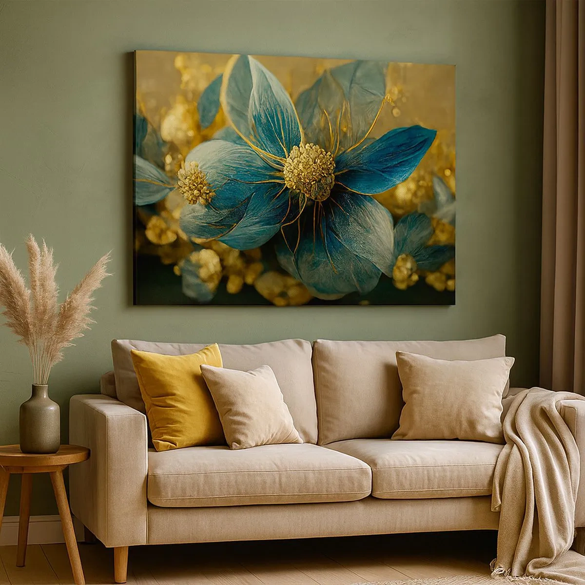 Impression sur toile - Image sur toile - Fleurs élégantes dans des tons de bleu et d'or - 70x50cm - Fleurir avec de l'or - Décoration murale moderne pour le salon et la chambre ARTTOR