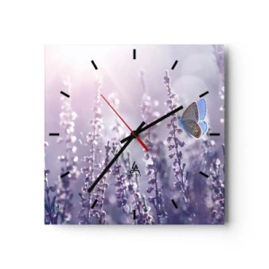 Horloge murale - Pendule murale - Un papillon sur une lavande en fleurs dans la lumière du matin - 30x30cm - Baiser de papillon - Décoration murale moderne pour le salon et la chambre ARTTOR