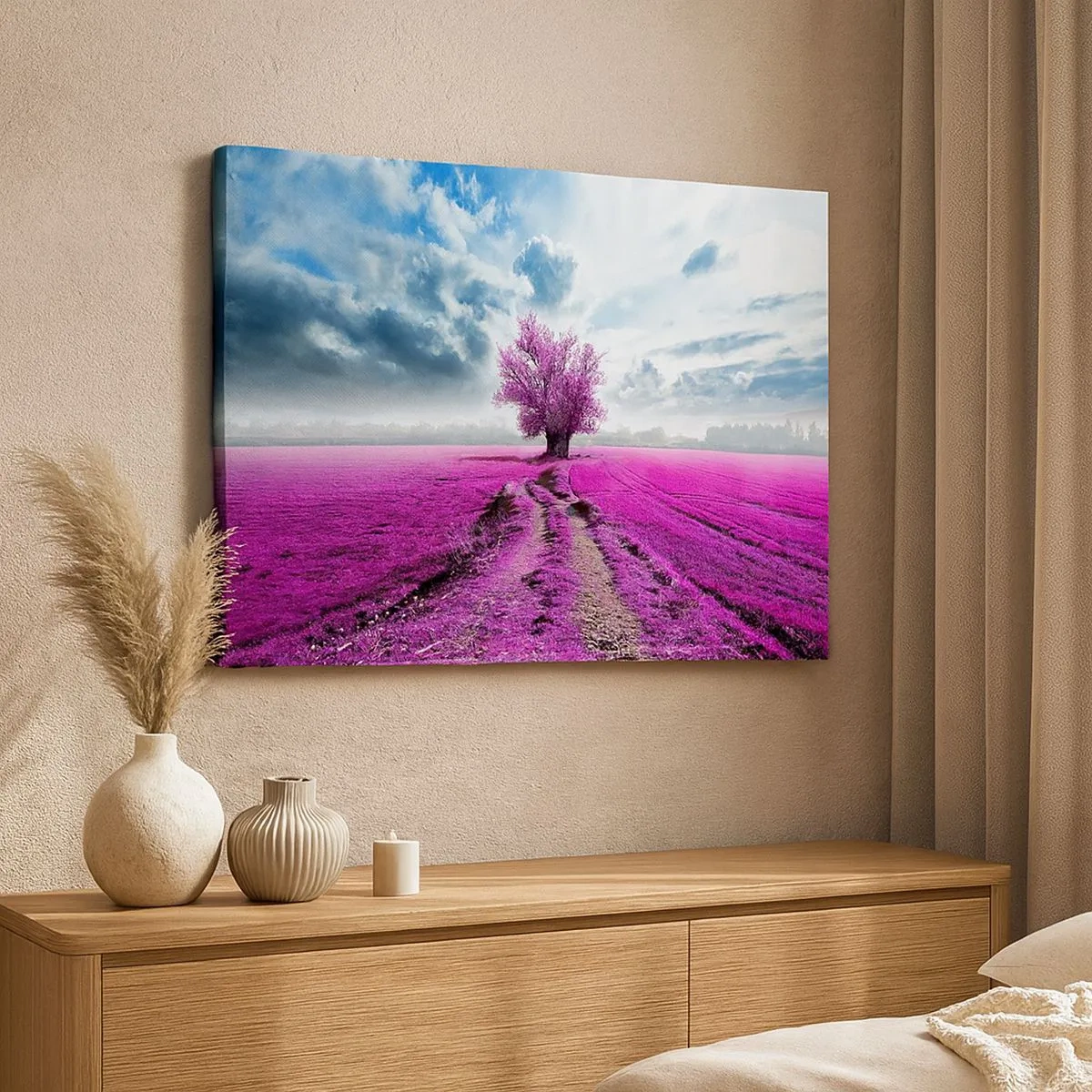 Impression sur toile - Image sur toile - Un arbre solitaire dans un champ dans une nuance de rose intense - 70x50cm - Lande - nature sauvage - Décoration murale moderne pour le salon et la chambre ARTTOR