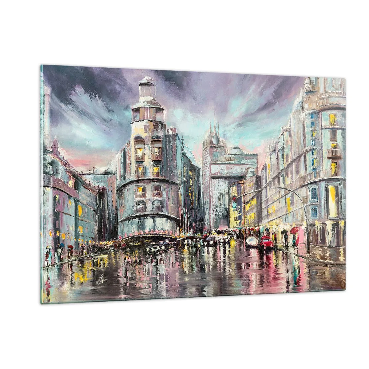 Impression sur verre - Image sur verre - Une rue de la ville sous la pluie avec un reflet spectaculaire des lumières - 120x80cm - Ce sera une soirée réussie - Décoration murale moderne pour le salon et la chambre ARTTOR